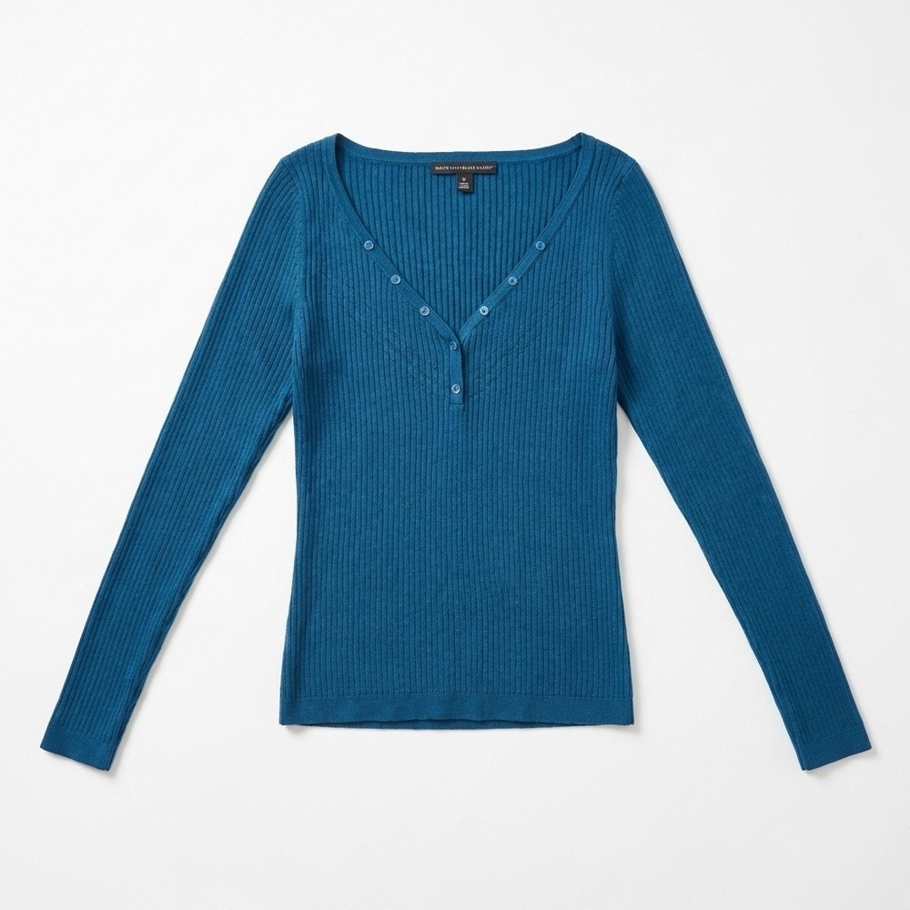 White House Black Market WHBM Size M Teal Ribbed Henley Sweater Pointelle V-Neck - Picture 1 of 6